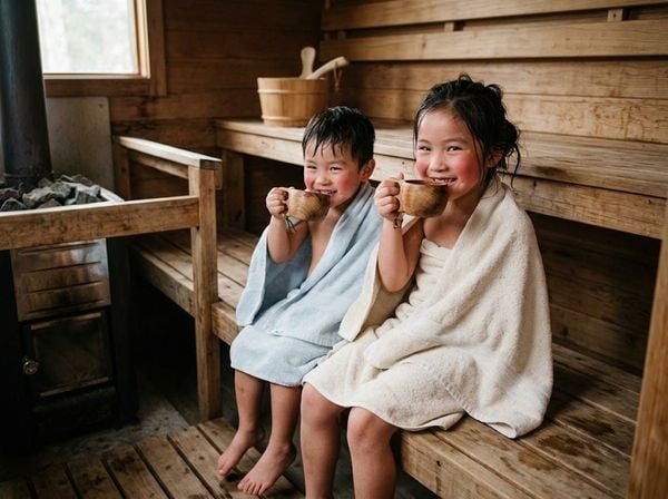 Trẻ em Việt Nam vui vẻ và khỏe mạnh uống nước trong phòng xông hơi nhiệt độ thấp.