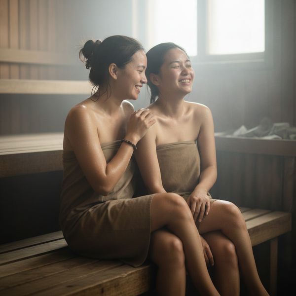 Hai người bạn tâm sự và kết nối sâu sắc trong không gian yên tĩnh của phòng xông hơi.