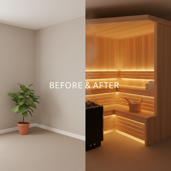 Hình ảnh so sánh góc phòng trống và sau khi lắp đặt sauna góc sang trọng.