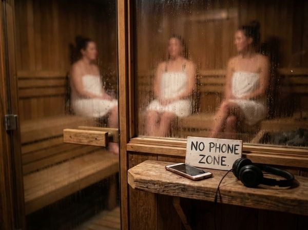 Điện thoại và tai nghe để bên ngoài phòng xông hơi, tạo không gian cai nghiện kỹ thuật số.
