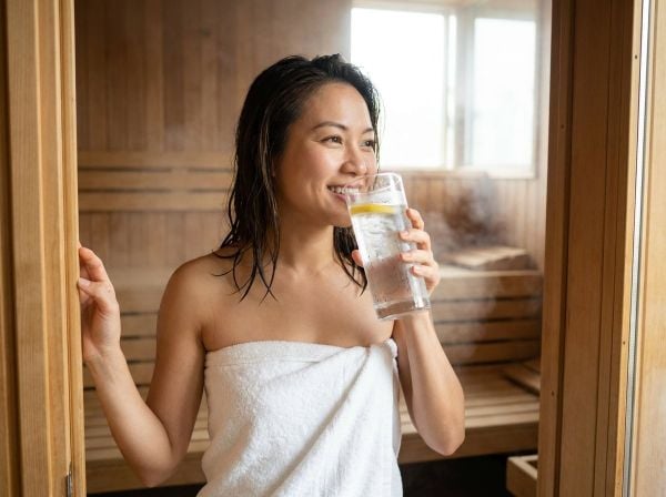 Phụ nữ Việt Nam uống nước chanh tươi để bù nước và thanh lọc cơ thể sau khi xông hơi.