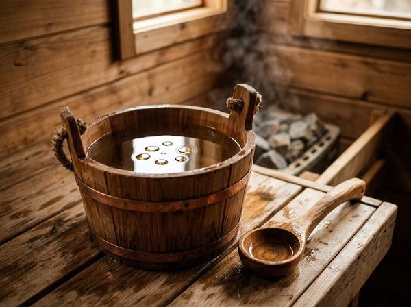 Bộ xô gáo gỗ chuyên dụng dùng để chứa nước pha tinh dầu tưới lên đá xông hơi.