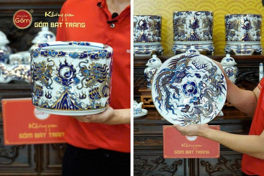Bát hương & Mâm bồng Men Lam Nổi Vẽ Vàng