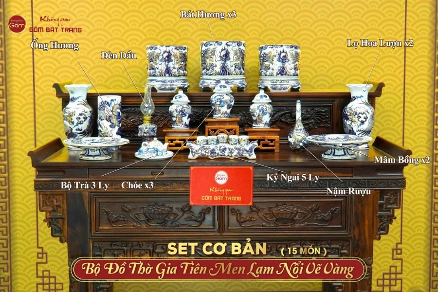 Bộ đồ thờ gia tiên Bát Tràng Men Lam Vẽ Vàng cơ bản