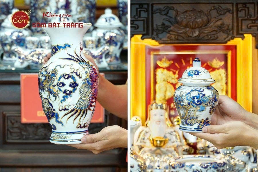 Lọ hoa & Chóe thờ Men Lam Nổi Vẽ Vàng
