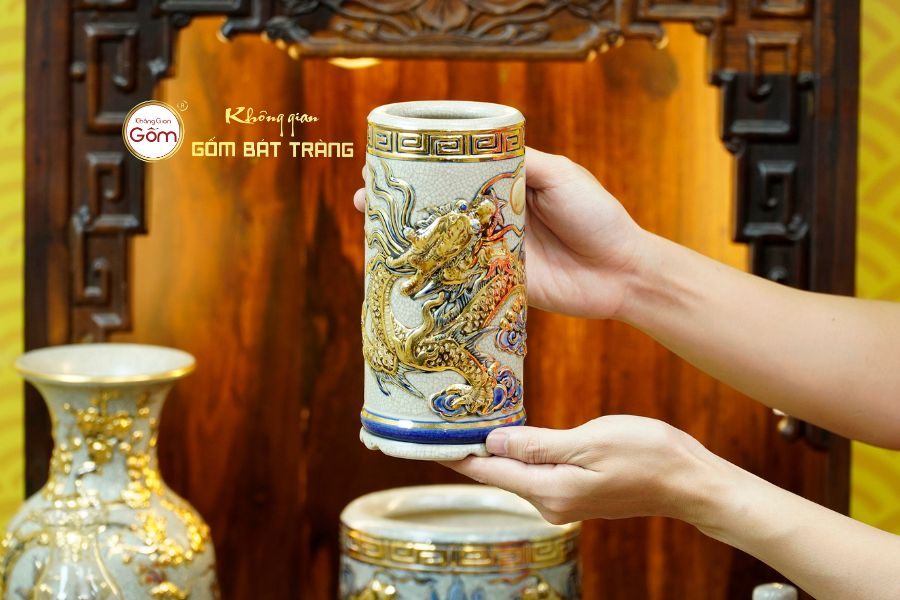 Ống Hương Men Rạn Vẽ Vàng