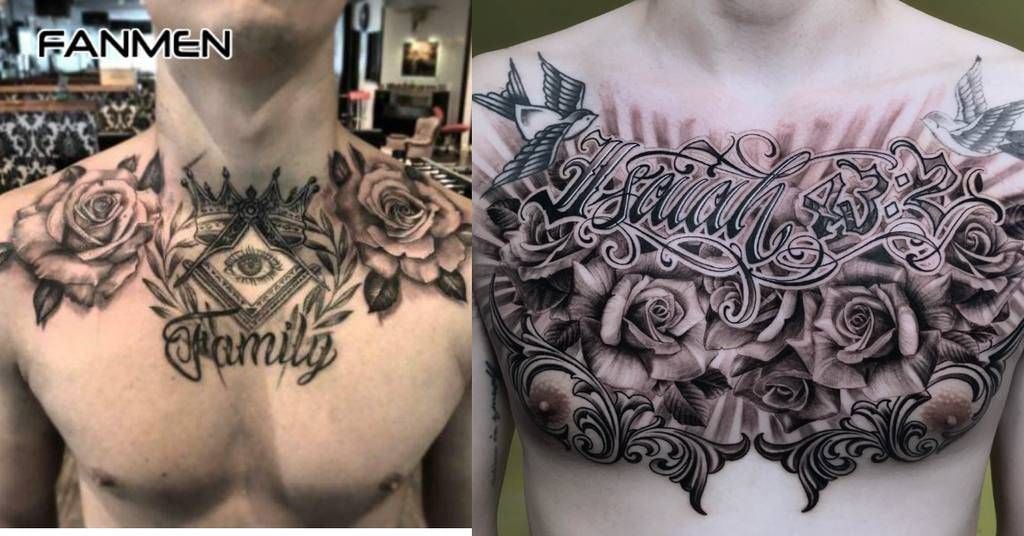 Hình xăm chữ kết hợp với họa tiết khác ở ngực nam 6