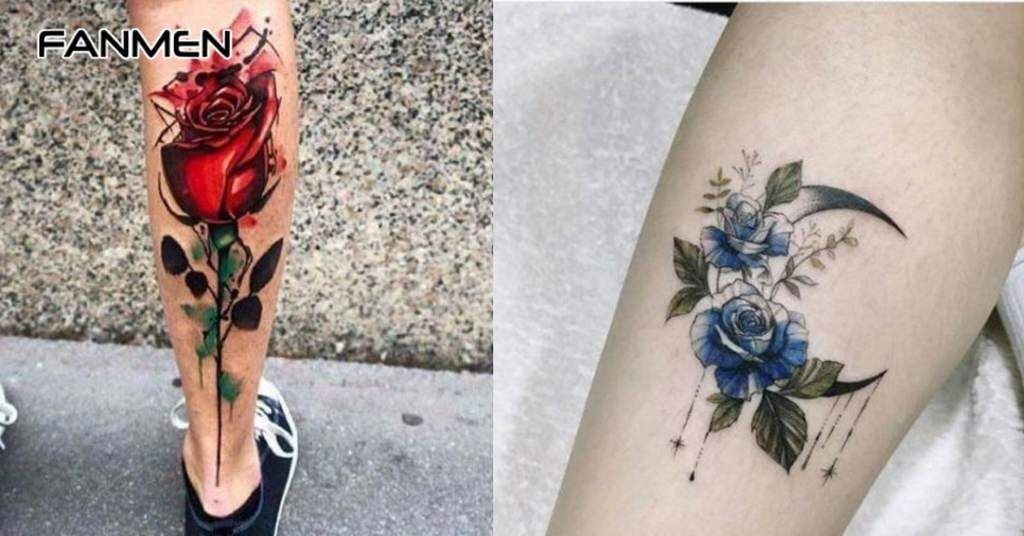 Hình xăm bắp chân cho nam hình hoa hồng 1