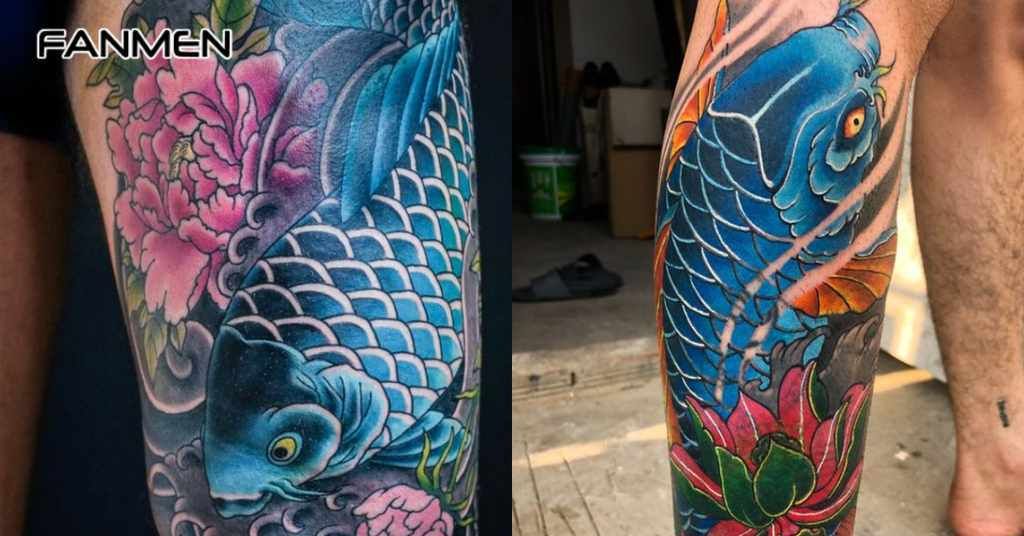 Hình xăm cá chép ở chân màu xanh 1