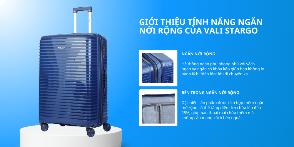 (Giới thiệu tính năng ngăn nới rộng của vali Stargo Ảnh: Satrgo.vn)