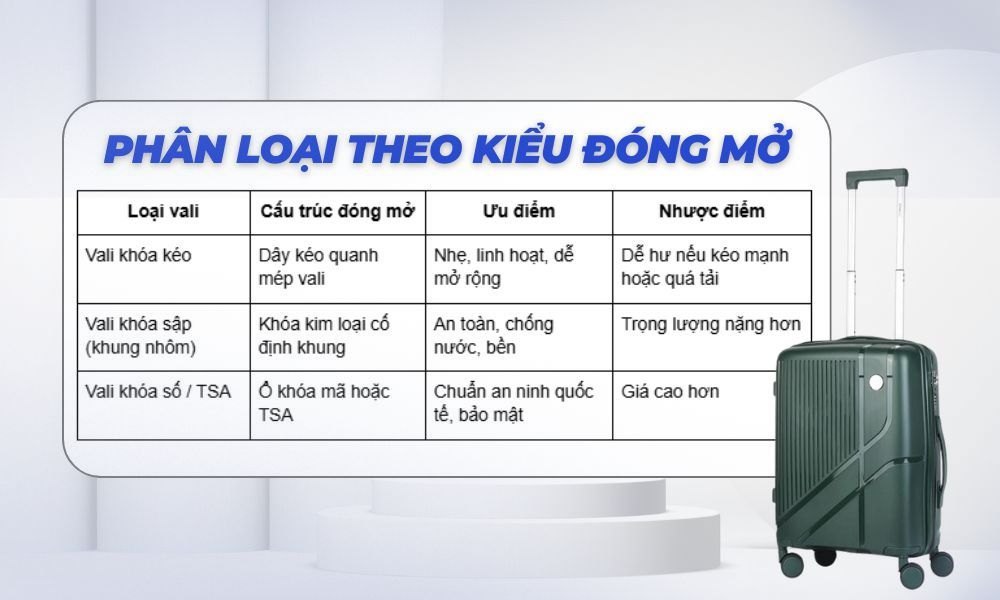Tùy theo kiểu đóng mở vali có thể được phân thành nhiều loại (Ảnh: Stargo.vn)