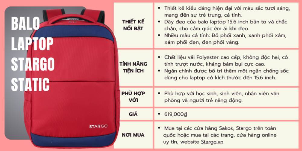 Balo laptop Stargo Static màu đỏ phối xanh cá tính (Stargo.vn)