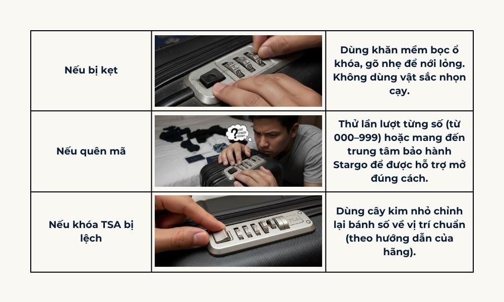 Cách xử lý khi ổ khóa vali bị kẹt hoặc quên mật khẩu (Ảnh: Stargo.vn)