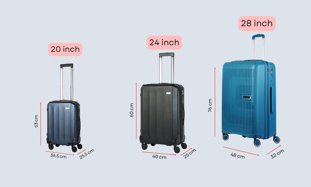 So sánh thông số vali size 20 - 24 và 28