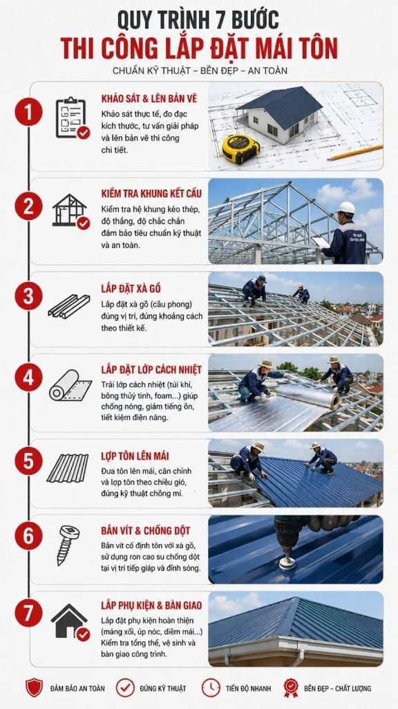 Sơ đồ quy trình thi công mái tôn 7 bước chuẩn kỹ thuật