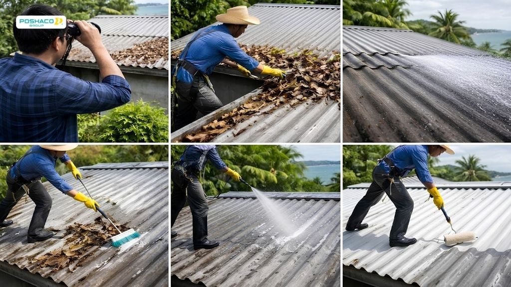 Quy trình vệ sinh mái tôn từng bước bằng nước và chổi mềm