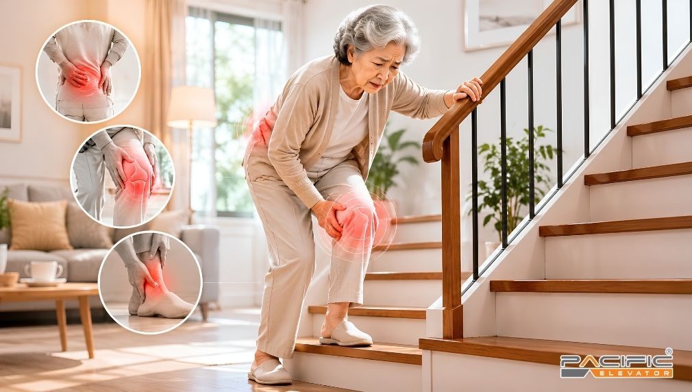 Hình ảnh minh hoạ người lớn tuổi di chuyển khó khăn trên cầu thang bộ