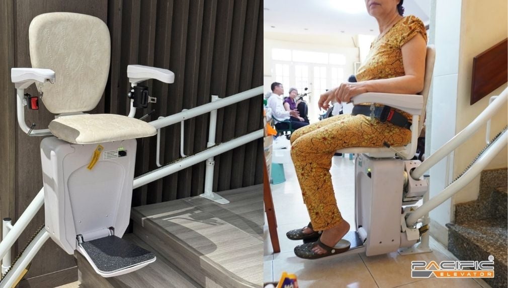 Hình ảnh khách hàng sử dụng thang ghế Stairlift do Công ty Thang máy Pacific lắp đặt