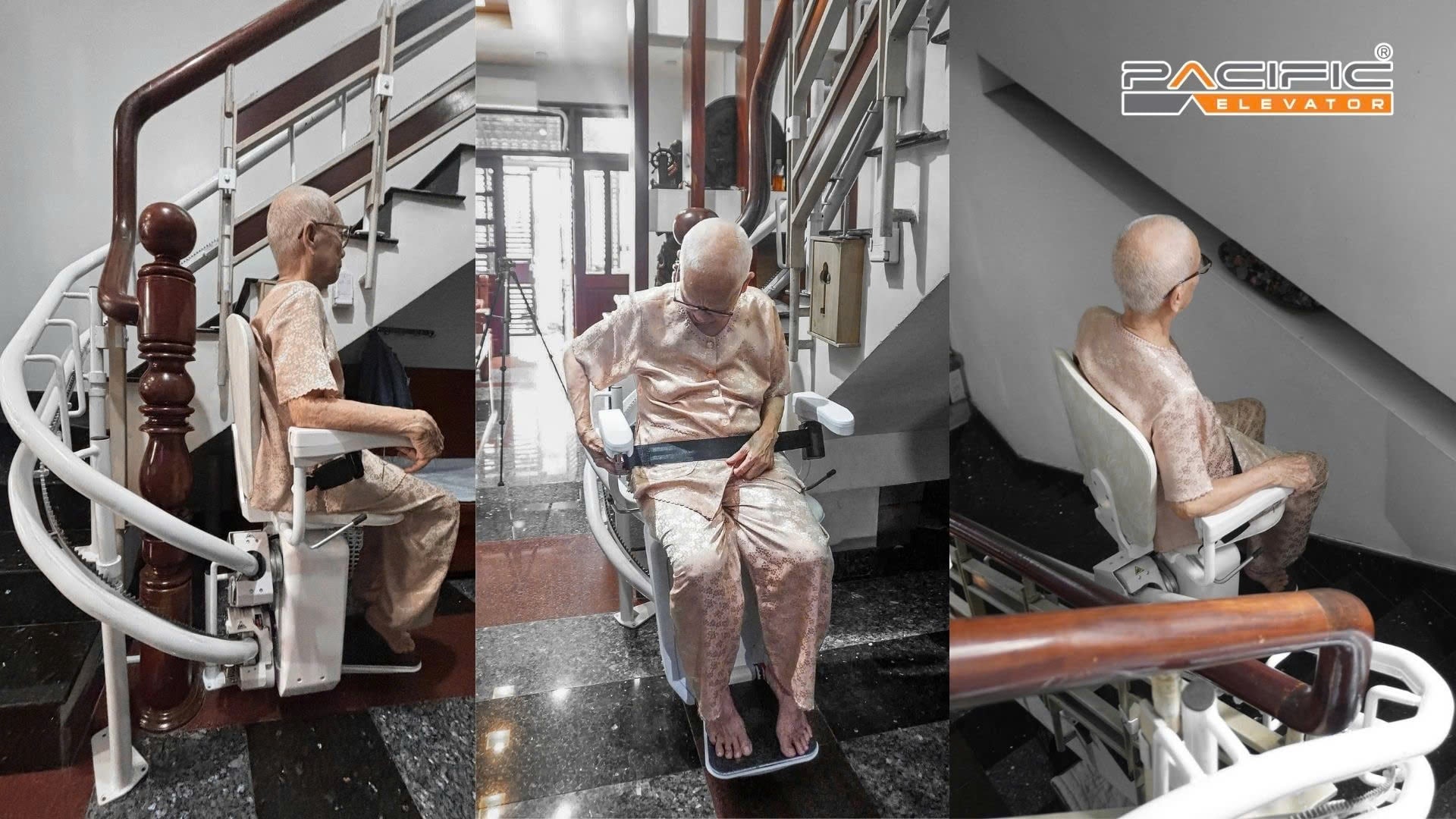 Người lớn tuổi dễ dàng sử dụng thang ghế stairlift do Thang máy Pacific lắp đặt