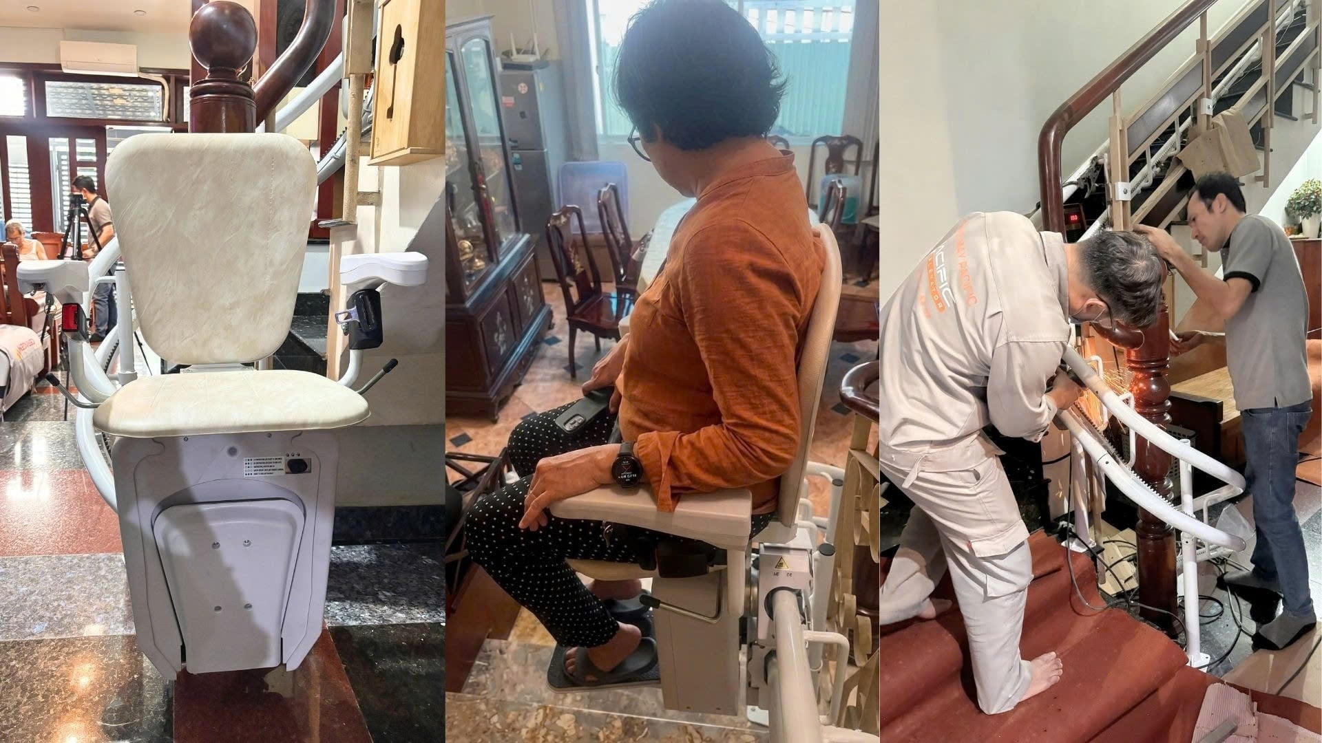 Người lớn tuổi sử dụng thang ghế stairlift do Thang máy Pacific lắp đặt
