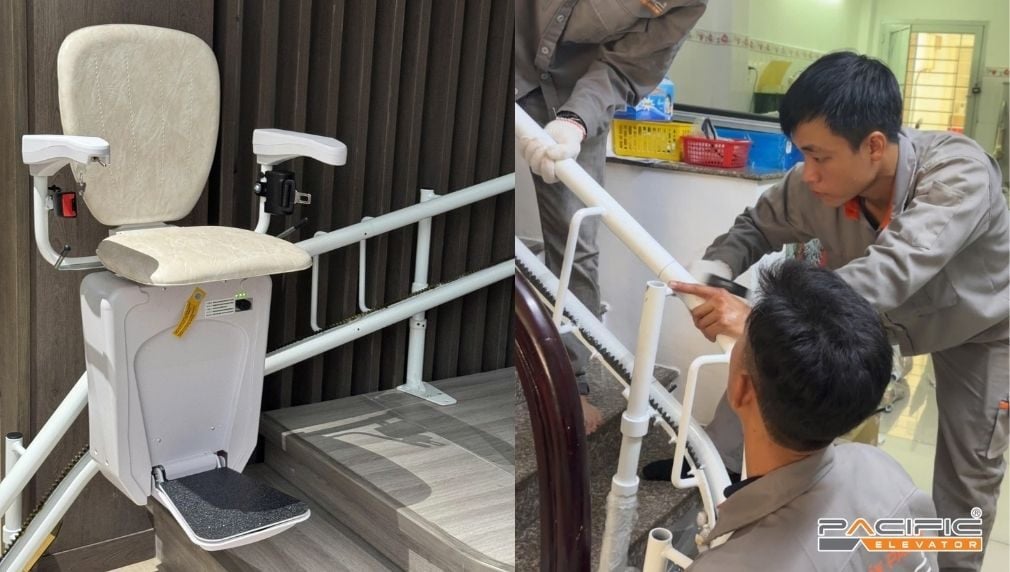 Hình ảnh kỹ thuật viên của Thang máy Pacific lắp đặt thang ghế Stairlift tại nhà khách hàng