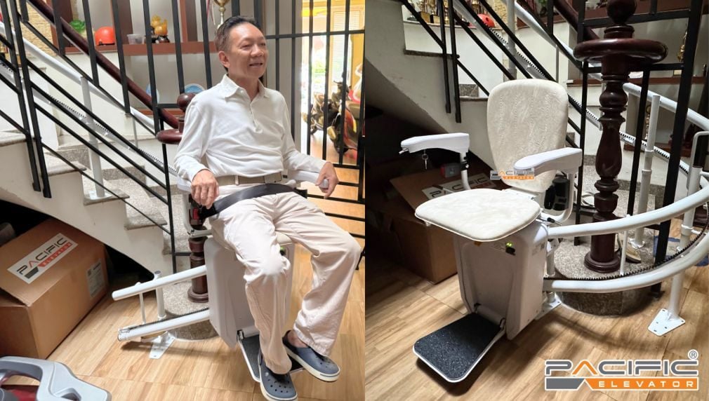 Người lớn tuổi sử dụng thang ghế stairlift do Thang máy Pacific lắp đặt