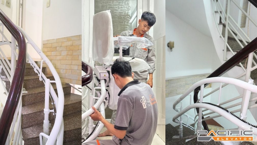Hình ảnh cầu thang thực tế khi lắp đặt thang ghế stairlift