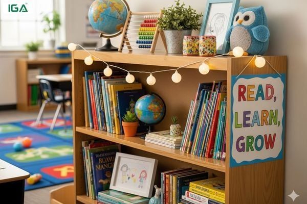 Trang trí tủ sách lớp học đẹp với cây xanh