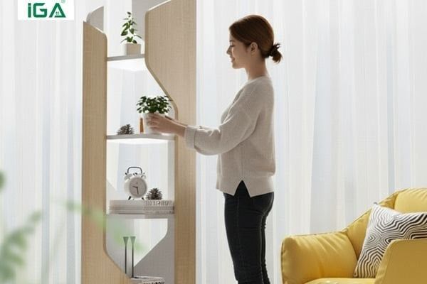 Decor phòng khách với kệ đựng sách