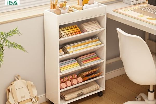 Kệ sách đứng màu trắng - Giá sách tích hợp bánh xe