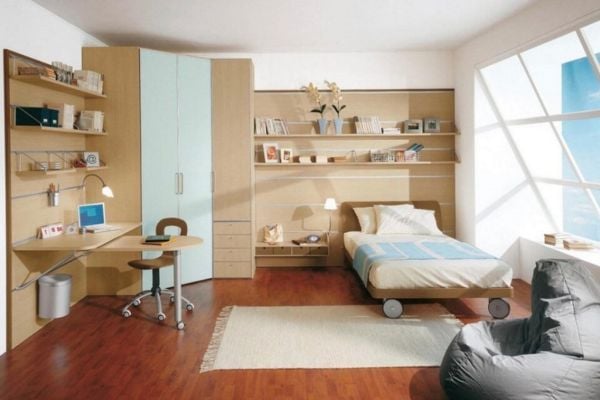 Cách bố trí kệ sách trong phòng ngủ kiểu kết hợp bàn làm việc