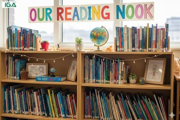 Trang trí tủ sách lớp học đẹp sủ dụng các màu tươi sáng