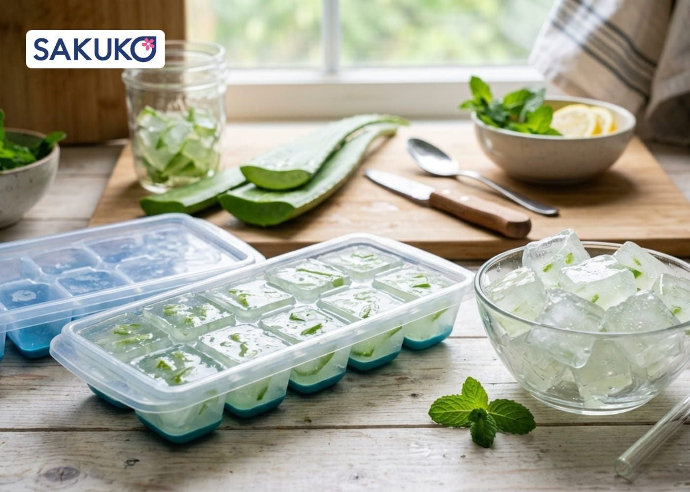 Đá viên Nha đam se khít lỗ chân lông và đánh tan bọng mắt