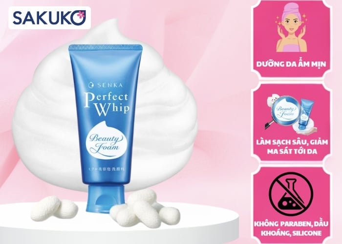 Sữa rửa mặt Senka Perfect Whip Blue giúp làm sạch sâu bã nhờn và bụi mịn