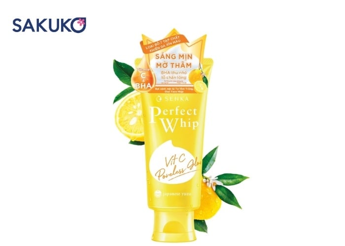Senka Perfect Whip Vit C Poreless Glow chiết xuất từ quả Yuzu Nhật Bản giàu Vitamin C