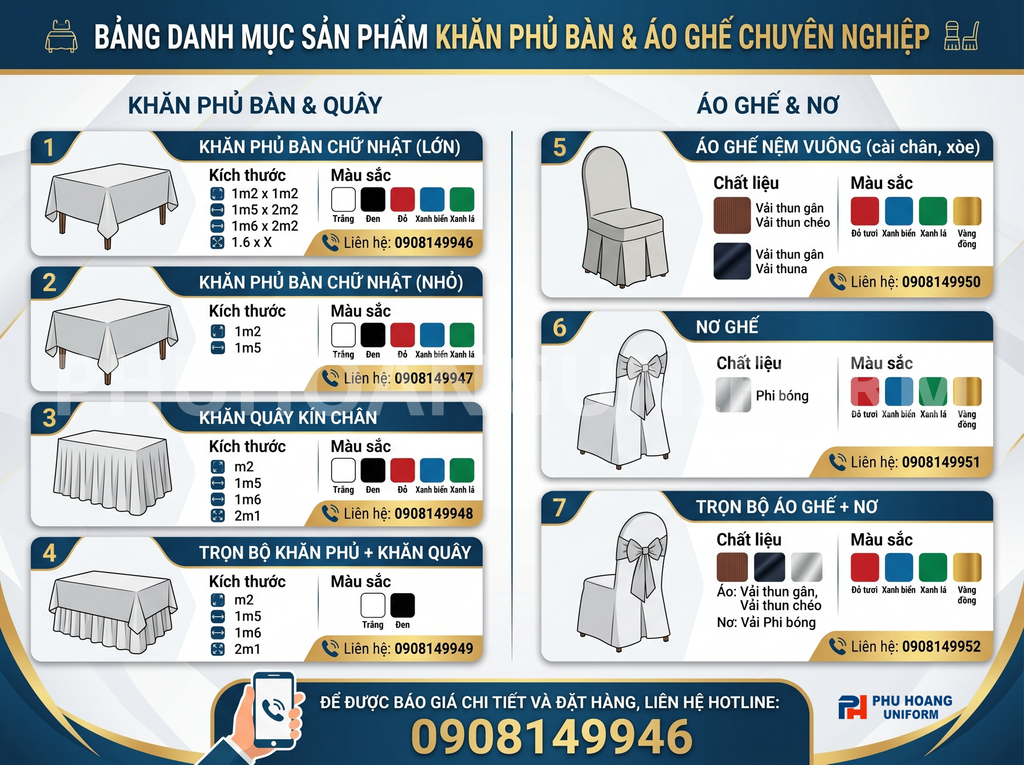 BẢNG GIÁ KHĂN BÀN - ÁO GHẾ SỰ KIỆN - Phú Hoàng Uniform