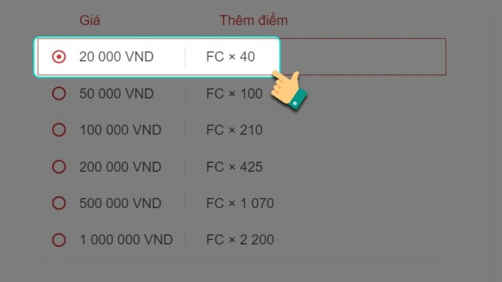 chọn mức nạp thẻ garena mong muốn trong ví VN Pay