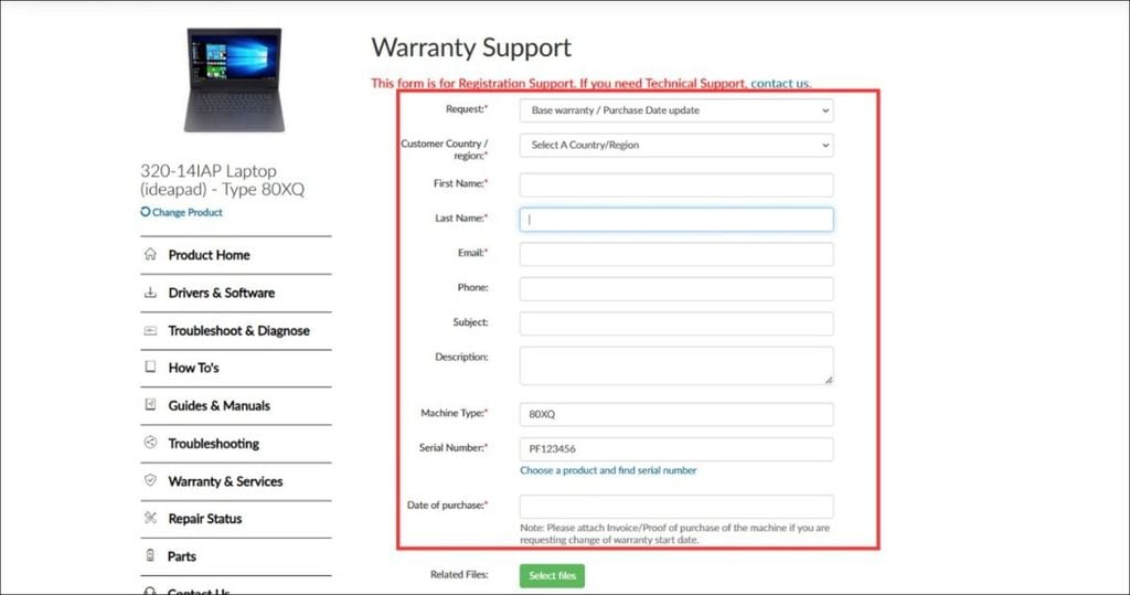 Điển thông tin trên website để check bảo hành cho laptop lenovo