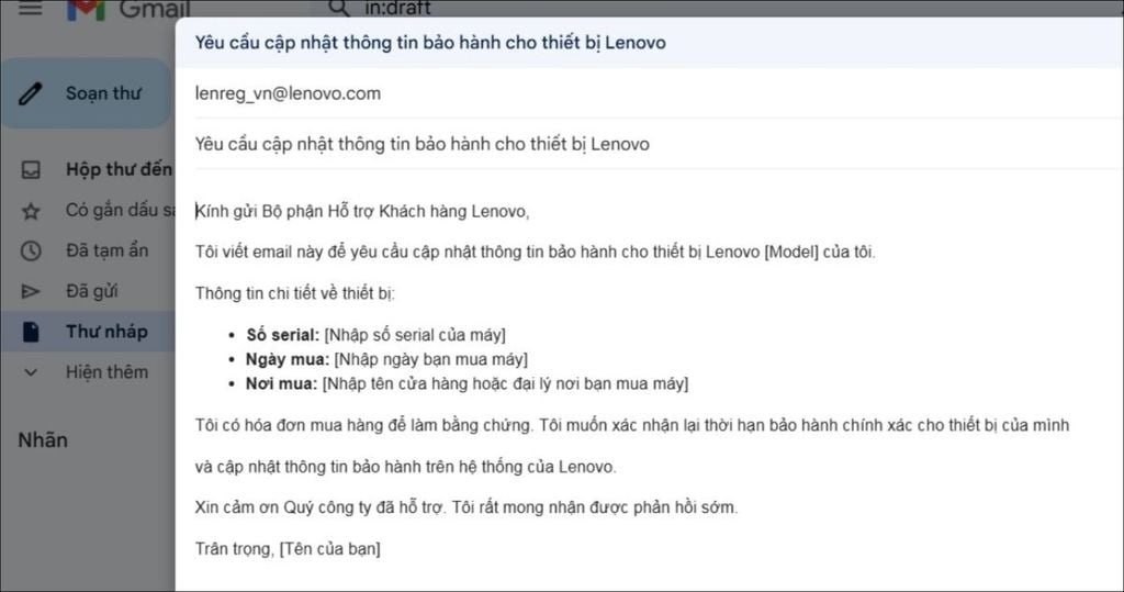 gửi mail đến laptop lenovo để check bảo hành