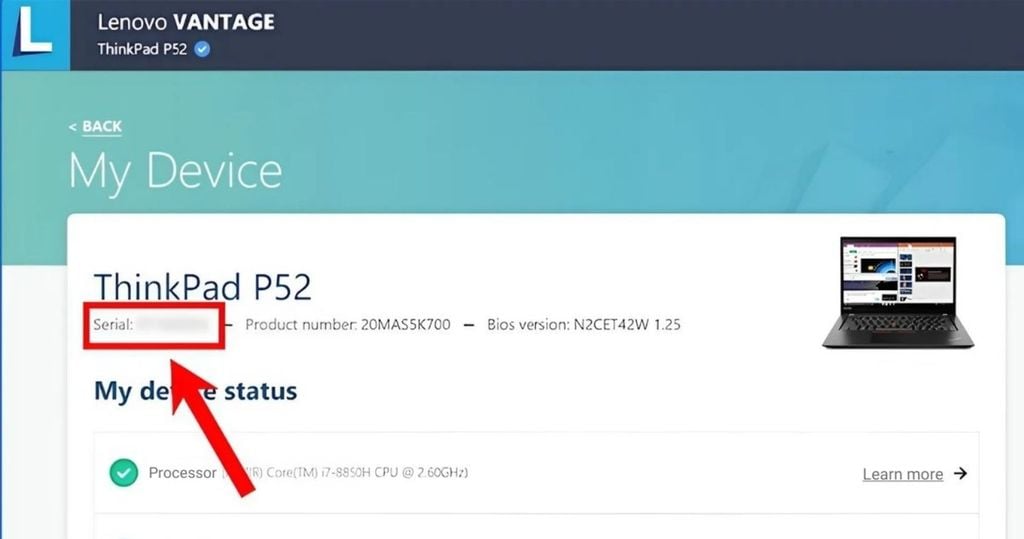 kiểm tra số serial trên phần mềm Lenovo Vantage