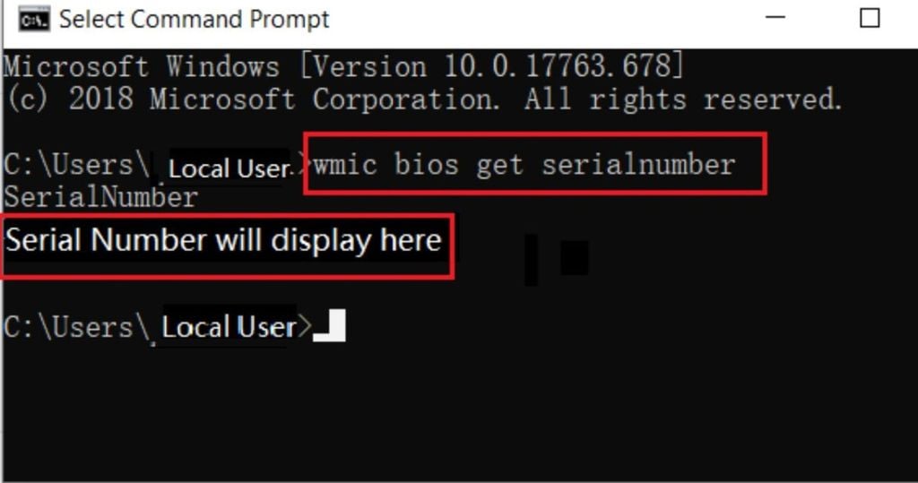 kiểm tra số serial trên bằng Command Prompt