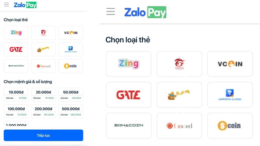 chọ thẻ garena trong zalo Pay