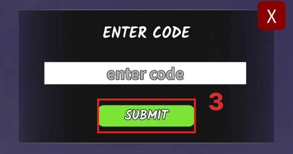 nhấn submit để hoàn tất nhập mã code 99 Nights in the Forest