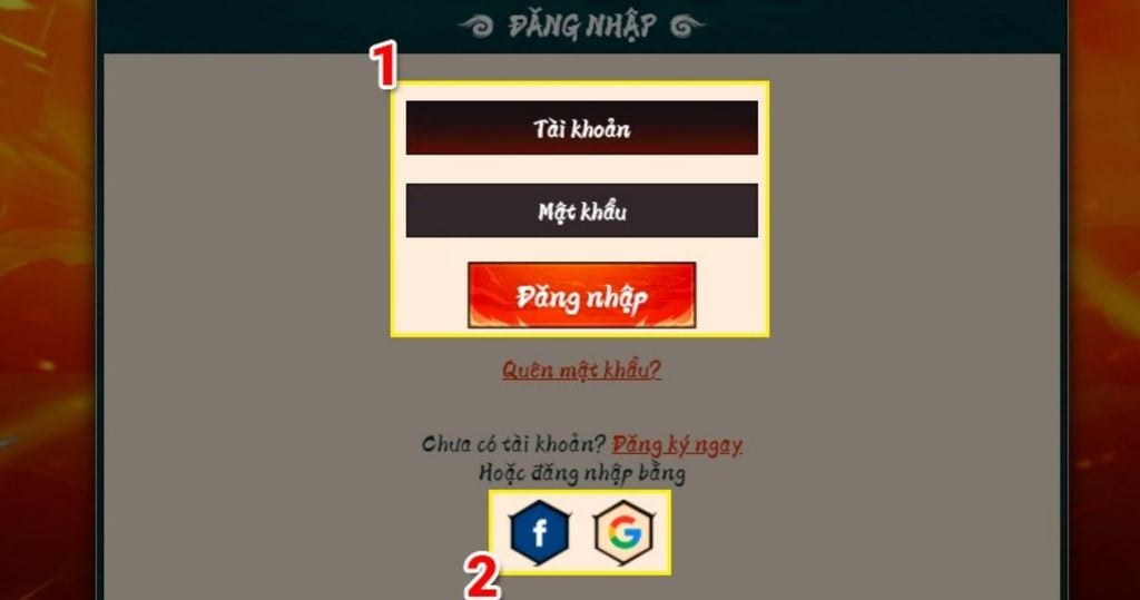 truy cập vào game huyền thoại nhẫn giả bằng facebook hoặc google
