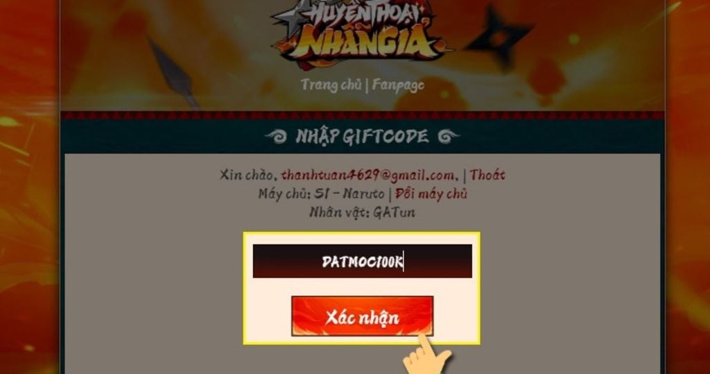 nhập code huyền thoại nhẫn giả và tiến hành xác nhận