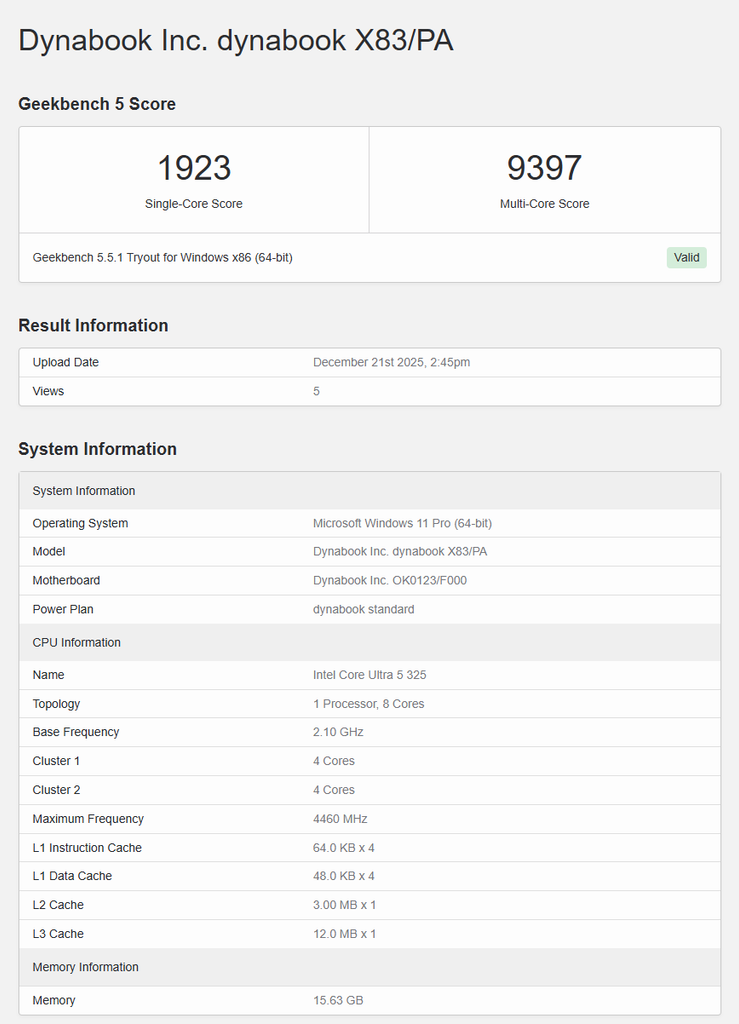 test Geekbench 5 core ultra 5 325