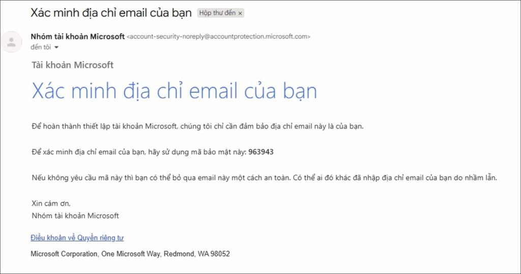 nhận email mã xác nhận để đăng ký office 365