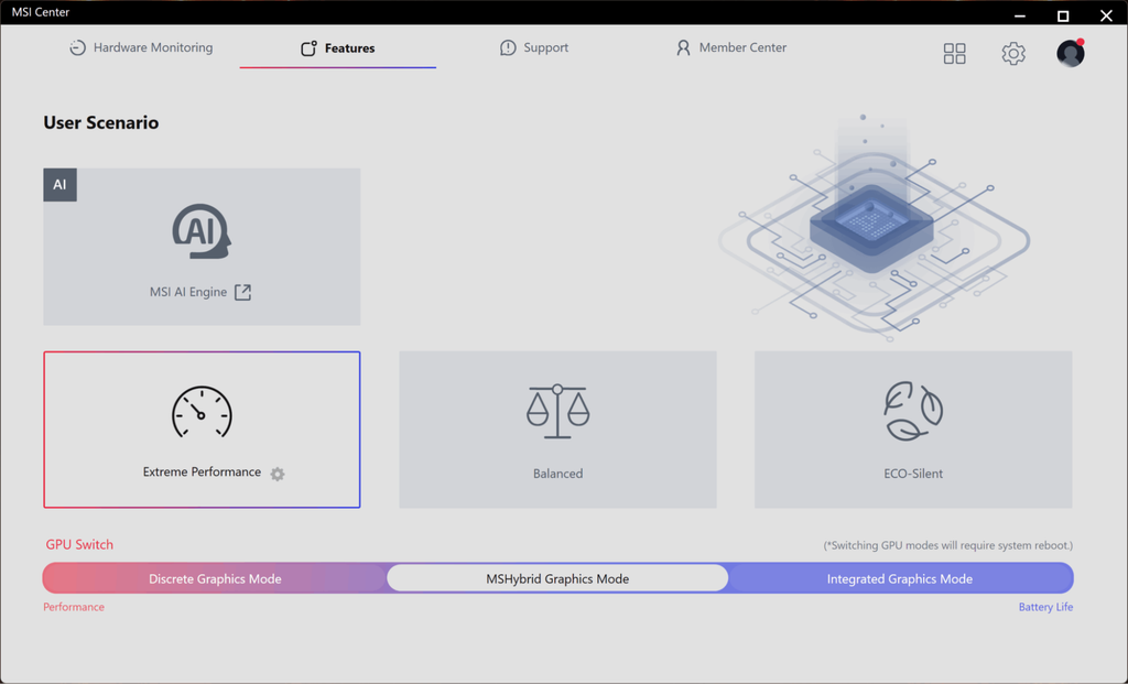MSI Titan 18 HX A2XW được trang bị ứng dụng MSI center điều chỉnh được nhiều tính năng