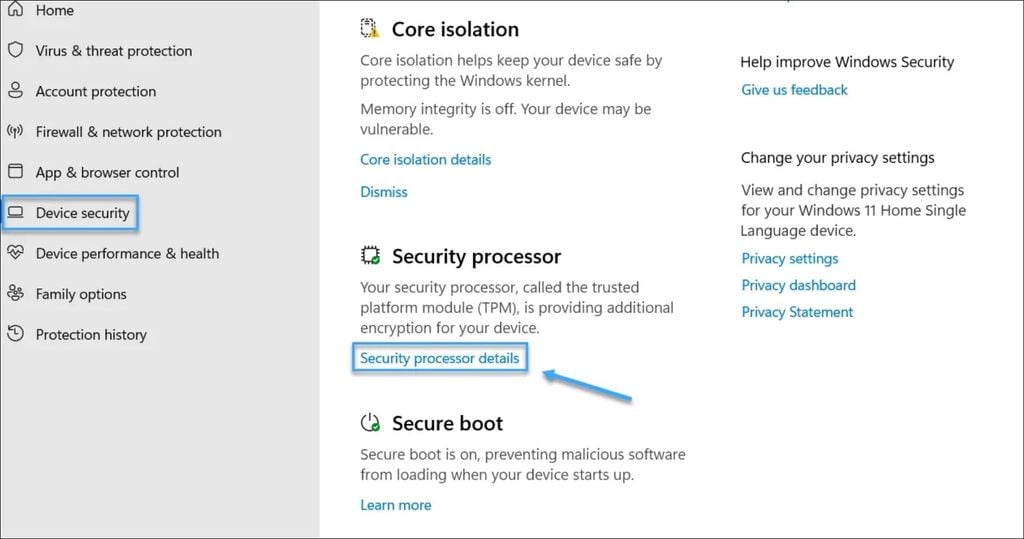 kiểm tra máy có Firmware TPM hay không bằng bảo mật Windows Security