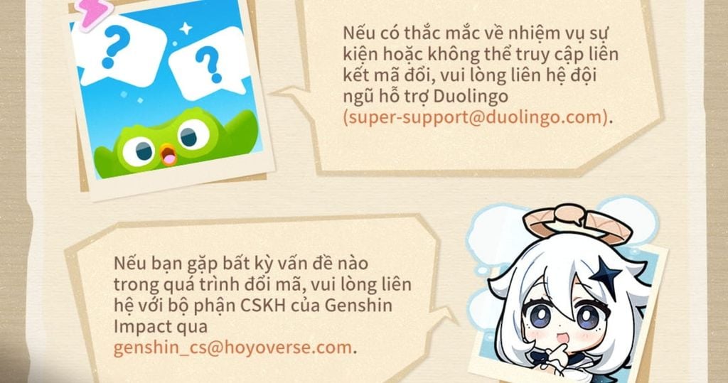 thông tin liên hệ và hỗ trợ cho sự kiện Genshin Impact và Duolingo